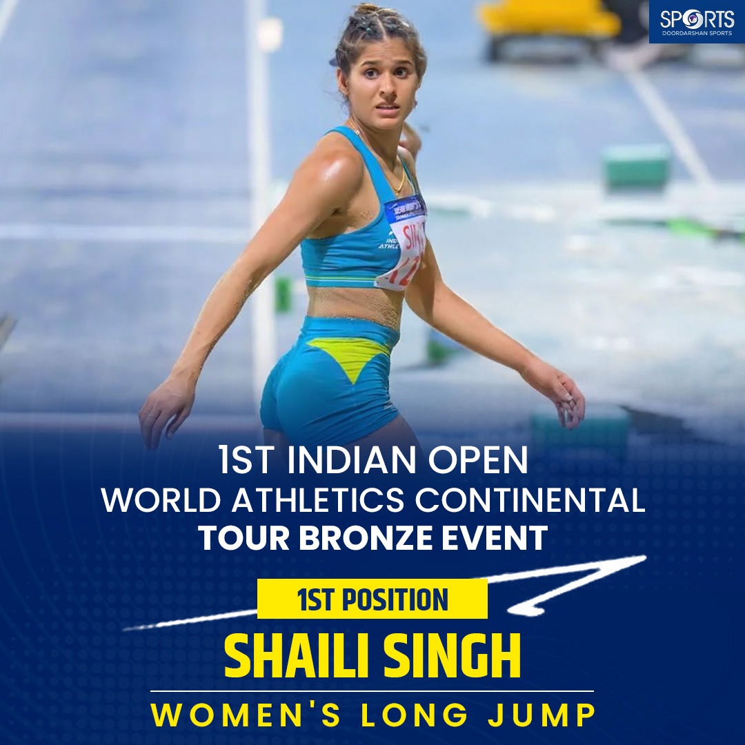 ddsportschannel's tweet photo. भारतीय एथलीट शैली सिंह ने कलिंगा स्टेडियम, भुवनेश्वर में हुए पहले इंडियन ओपन वर्ल्ड एथलेटिक्स  कॉन्टिनेंटल टूर ब्रॉन्ज़ इवेंट में महिलाओं की लंबी कूद स्पर्धा में 6.28 मीटर की बेहतरीन छलांग लगाकर पहला स्थान अपने नाम किया। 🥇💥🇮🇳

#IndianAthletics #LongJump #ContinentalTour #WorldAthletics