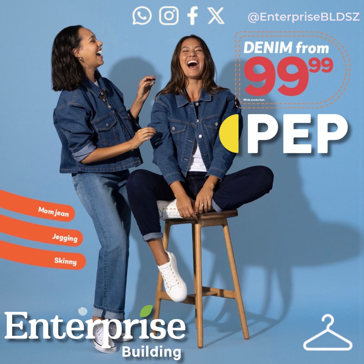 EnterpriseBldSZ's tweet photo. PEP at Enterprise Building has denim for everyone; from the cutest and most comfortable baby jeans to trendy styles for kids and adults 👖💙

Quality you can trust and prices you’ll love- for the whole family.

#Eswatini #Manzini #PEPclothing #jeans #explorepage https://t.co/dg3I1MOkqO