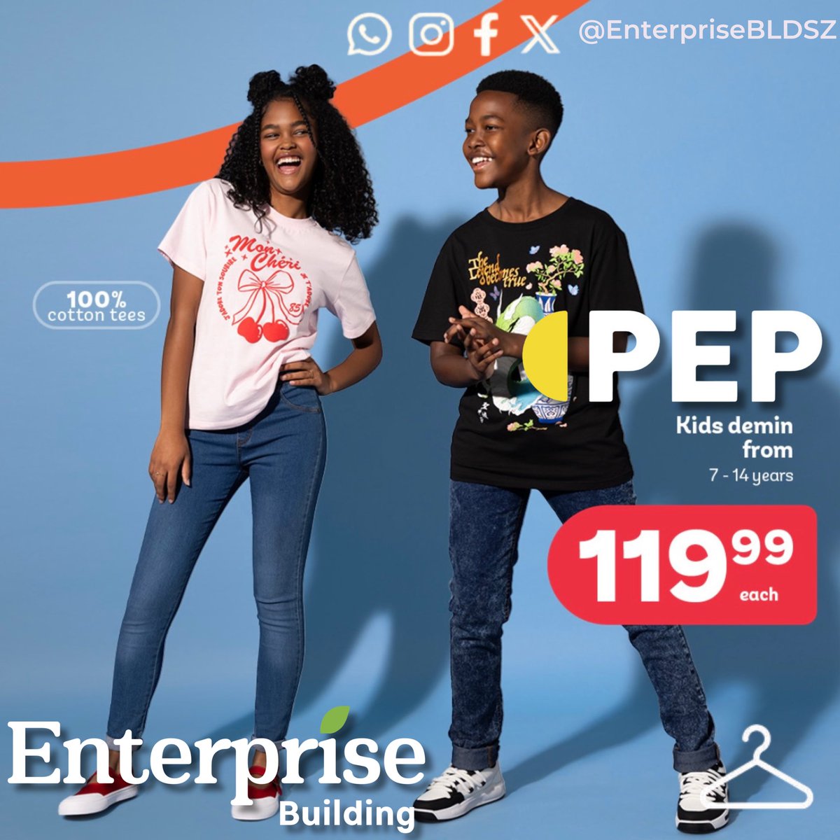 EnterpriseBldSZ's tweet photo. PEP at Enterprise Building has denim for everyone; from the cutest and most comfortable baby jeans to trendy styles for kids and adults 👖💙

Quality you can trust and prices you’ll love- for the whole family.

#Eswatini #Manzini #PEPclothing #jeans #explorepage https://t.co/dg3I1MOkqO