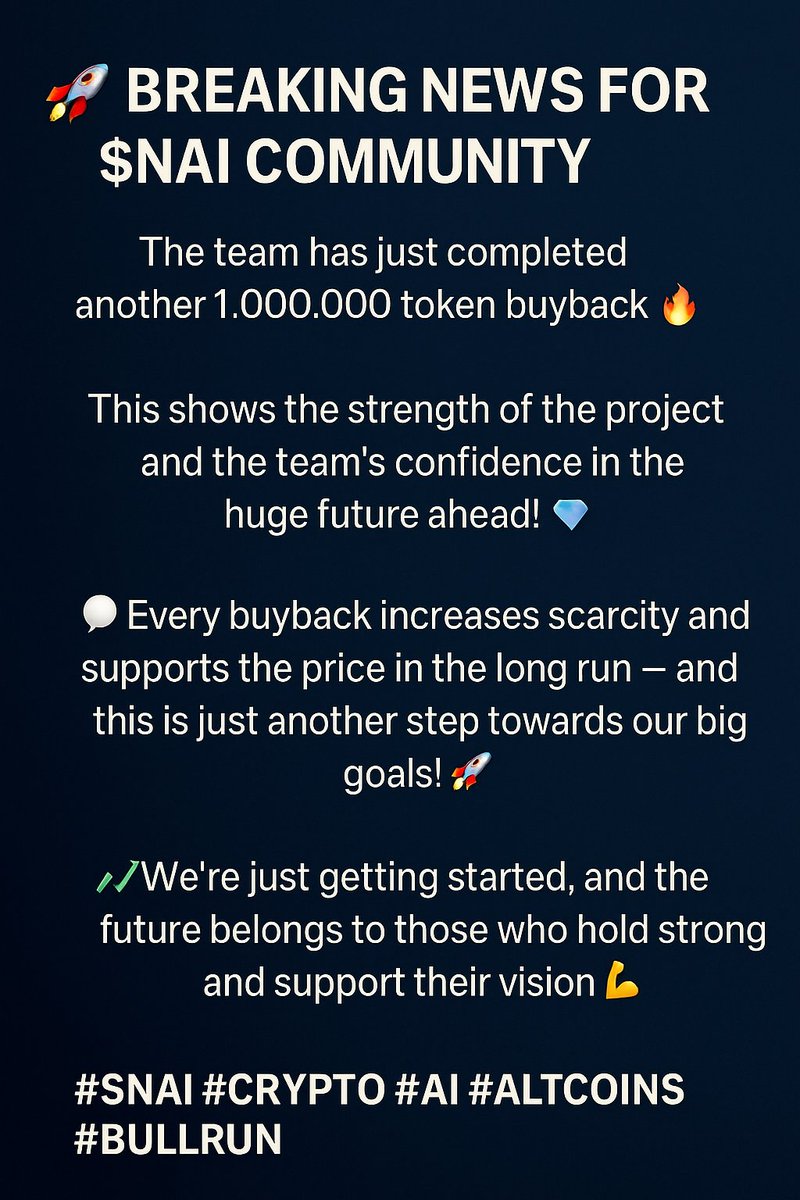 AsbahinoCryptoX's tweet photo. 🚀 Breaking News for $SNAI Community 🚀

The team has just completed another 1,000,000 token buyback 🔥🔥
This shows the strength of the project and the team’s confidence in the huge future ahead! 💎

💬 Every buyback increases scarcity and supports the price in the long run — and this is just another step towards our big goals! 🚀

📈 We’re just getting started, and the future belongs to those who hold strong and support their vision 💪

$SNAI
@swarmnode