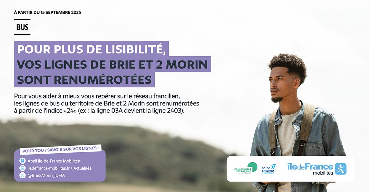 Transdev Île-de-France (@transdevidf) on Twitter photo 🔢#TransdevIDF accompagne <a href="/IDFmobilites/">IDF Mobilités</a> dans la renumérotation des lignes de bus
Dès le 15 septembre 2025, toutes les lignes de <a href="/MeauxOurcq_IDFM/">Bus Meaux et Ourcq</a> commenceront par 2⃣3⃣ tandis que les lignes de <a href="/Brie2Morin_IDFM/">Bus Brie et 2 Morin</a> commenceront par 2⃣4⃣
En savoir +▶️iledefrance-mobilites.fr/actualites/nou… 🔢#TransdevIDF accompagne <a href="/IDFmobilites/">IDF Mobilités</a> dans la renumérotation des lignes de bus
Dès le 15 septembre 2025, toutes les lignes de <a href="/MeauxOurcq_IDFM/">Bus Meaux et Ourcq</a> commenceront par 2⃣3⃣ tandis que les lignes de <a href="/Brie2Morin_IDFM/">Bus Brie et 2 Morin</a> commenceront par 2⃣4⃣
En savoir +▶️iledefrance-mobilites.fr/actualites/nou…