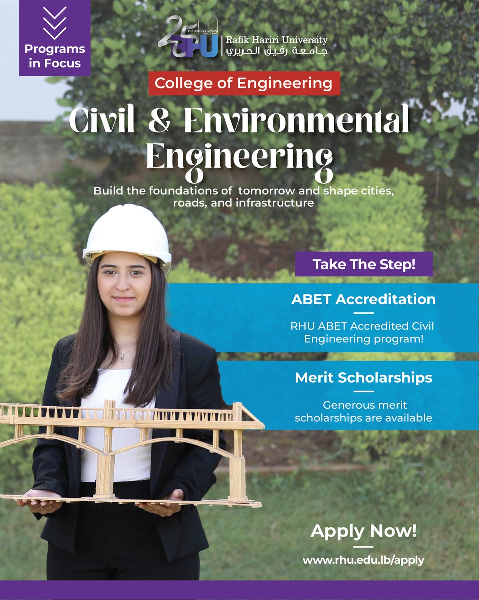 Build the world you want to live in. Join RHU’s ABET-accredited Civil Engineering program and shape the future of cities, roads, and infrastructure. Fall 2025-2026 Admission open. Apply Now: rhu.edu.lb/apply
#RHU #CivilEngineering #ABET #Accreditation #University #Lebanon