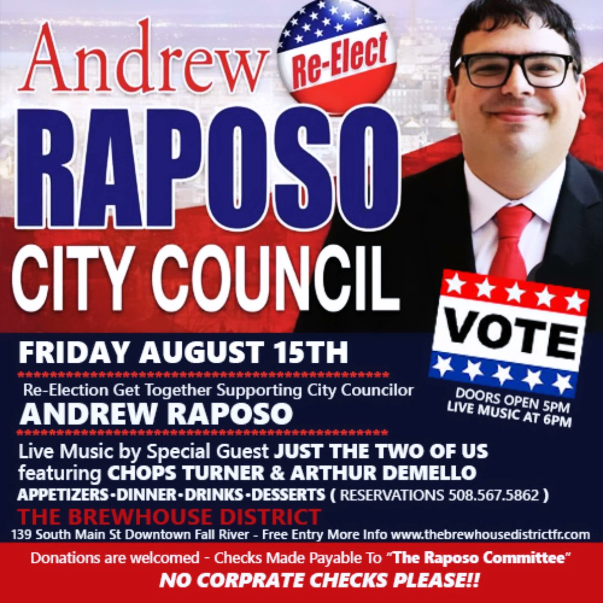 DistrictNL617's tweet photo. Re-Election Social for 
City Councilor Andrew Raposo
Friday, August 15th, 2025
Time: 5PM (Music starts at 6 PM)
Live Music 
JUST THE TWO OF US
CHOPS TURNER &amp; ARTHUR DEMELLO
The Brewhouse District
139 South Main St, Fall River, MA
Reservations Call
Brewhouse District 508-567-5862 https://t.co/kU0xK39Xao