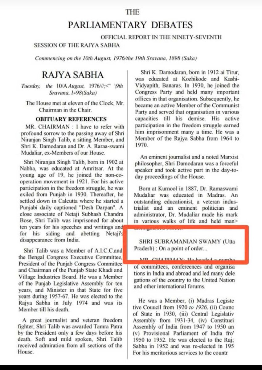 Today is a Historic Day for India &amp; Democracy, this day 49 years ago on 10th Aug 1976 during the Emergency inspite of an Arrest Warrant against Dr Subramanian <a href="/Swamy39/">Subramanian Swamy</a> , he entered India undetected came to the Rajya Sabha in the Parliament in his normal attire &amp; raised a Point of