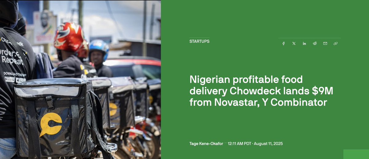 tage (@ulonnaya) on Twitter photo NEW - Profitable food delivery <a href="/chowdeck/">ChowdeckNG</a> lands $9M from Novastar, Y Combinator.
👥 1.5 million customers
🛵 20,000 riders
🌍 11 cities across Nigeria & Ghana
🏬 40 dark stores by year-end for quick commerce play.
In 2024, the value of meals delivered through Chowdeck grew 6x NEW - Profitable food delivery <a href="/chowdeck/">ChowdeckNG</a> lands $9M from Novastar, Y Combinator.
👥 1.5 million customers
🛵 20,000 riders
🌍 11 cities across Nigeria & Ghana
🏬 40 dark stores by year-end for quick commerce play.
In 2024, the value of meals delivered through Chowdeck grew 6x