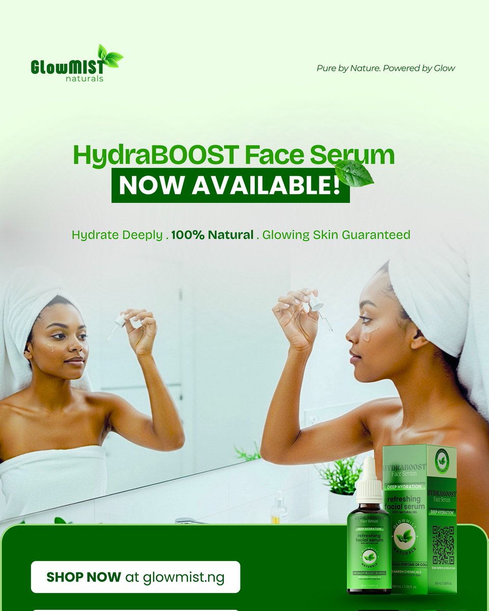 emydo007's tweet photo. I Just wrapped up the HydraBoost Serum ad redesign! Took my coach’s review and I updated the brand logo, used a proper serum mockup, switched to a brown-skinned model, toned heavy greens to white &amp; light green, and enlarged key text for clarity.

How does this look now? https://t.co/vXvEA3cQNs