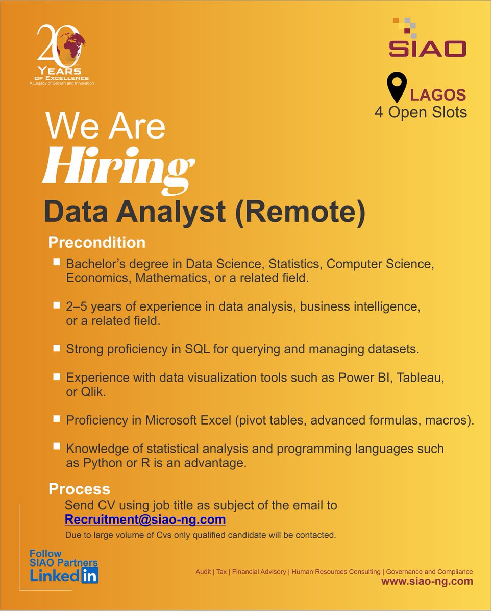 SIAOPartners's tweet photo. We’re #Hiring: #DatAnalyst

Are you passionate about turning numbers into insights that drive results?

✅ 3+ years of experience in data analysis
✅ Strong skills in SQL, Excel &amp; data visualization tools

#SIAOJobs #DataAnalyst #NowHiring #CareerOpportunity #RemoteJobs https://t.co/BgTTy9g4nF