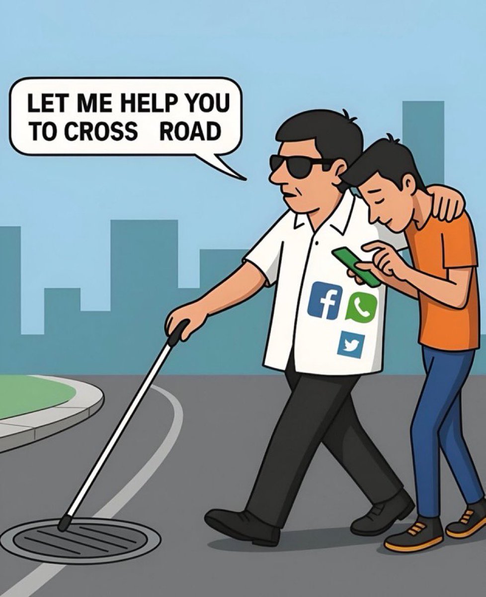 LouXpress's tweet photo. Seriously, dude? Staring at your phone while a blind guy saves you from a manhole? Put it down already!
➡️Stay present, or you might miss the real help in front of you! #TechIdiot #WakeUp