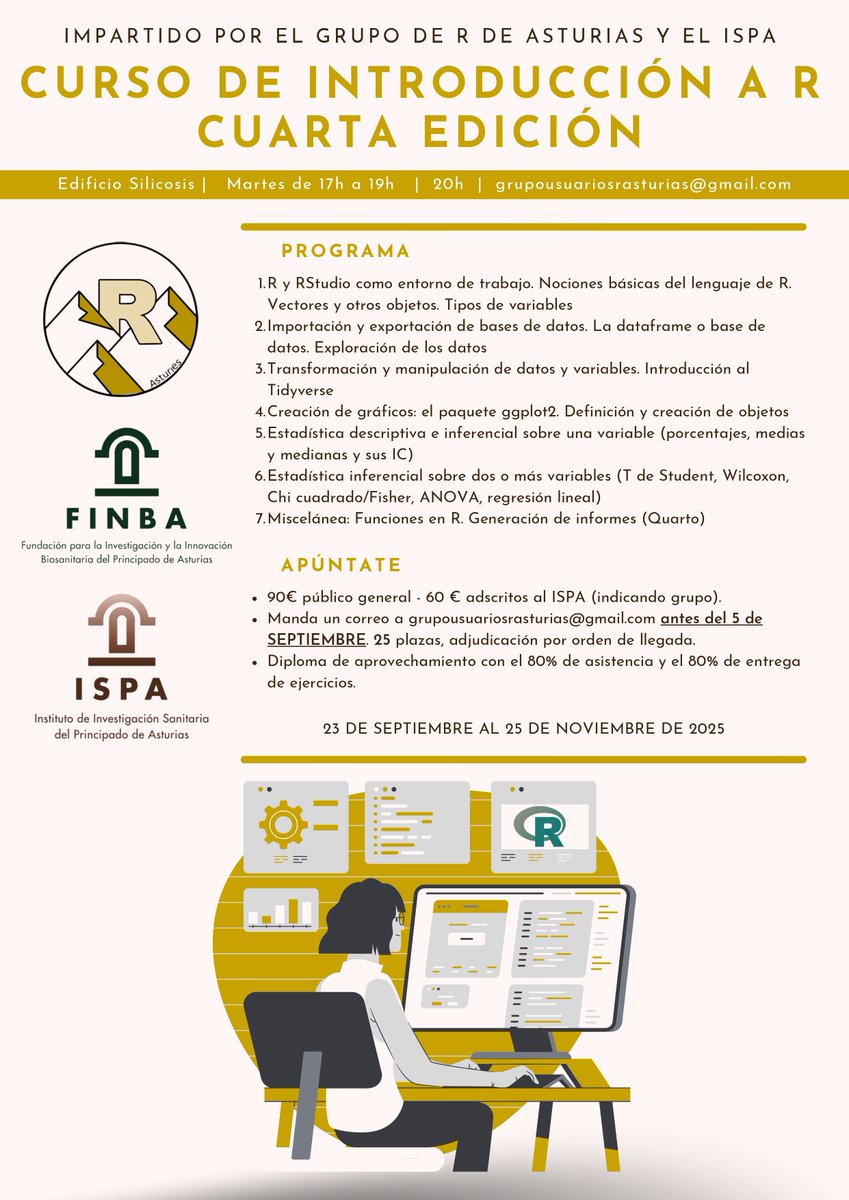 Un año más, desde el Grupo de R de Asturias, y en colaboración con <a href="/FINBAsturias/">FINBA</a>, lanzamos el Curso de Introducción a R - ¡y ya va por su cuarta edición! 🎉 

Si te interesa empezar a manejar datos y crear figuras con R, no dudes en apuntarte.

¡Os esperamos!

Más información👇