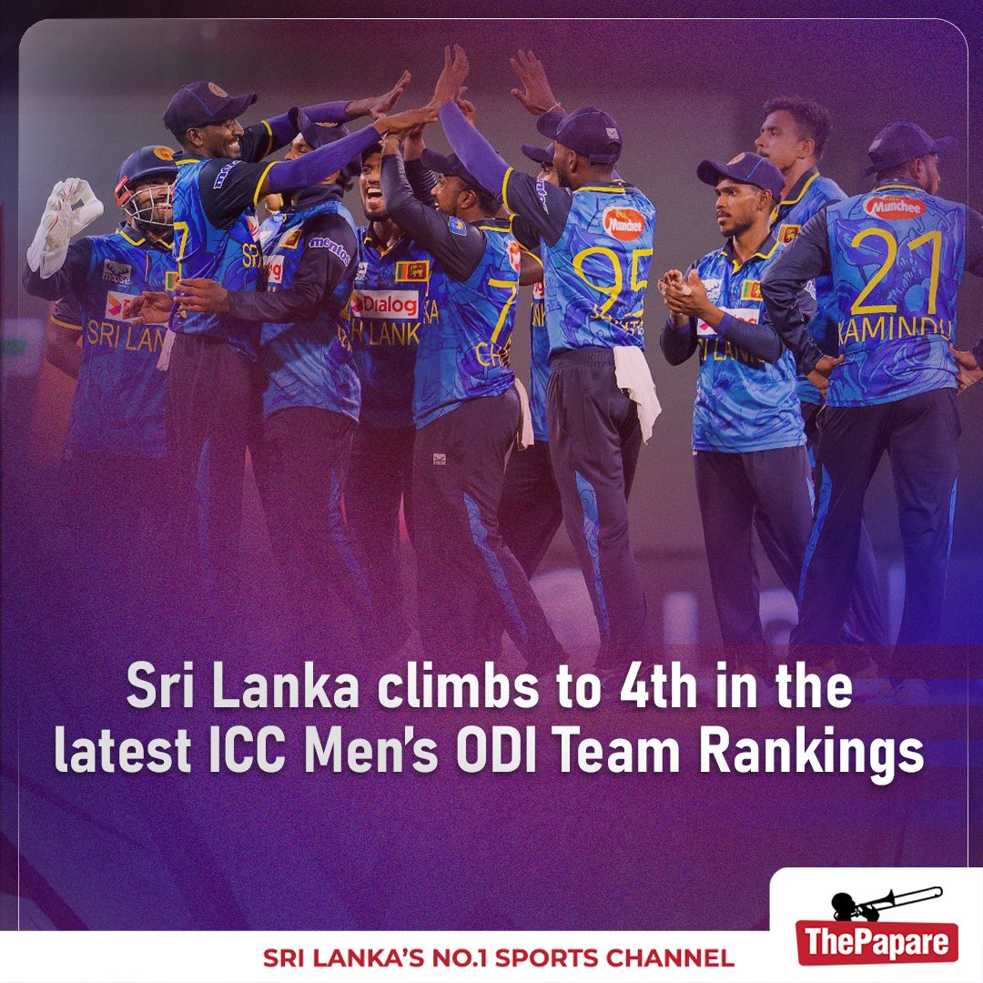ThePapareSports's tweet photo. Sri Lanka’s stellar run lands them at 4th in the ICC Men’s ODI Team Rankings 🏏🚀

#ICCRankings

More 👉 https://t.co/ZG1U0JTRQy https://t.co/j3iJVJ96G4