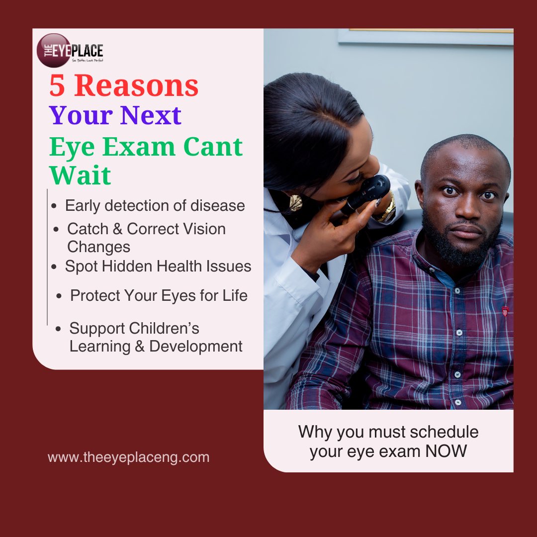 TheEyePlaceNG's tweet photo. Your eyes tell a story long before symptoms show.
Don’t wait for problems to find you, catch them early.
Book your eye exam today.
09055555098
📅 https://t.co/FHasYnsXYB

#EyeHealth #BookYourExam #VisionCare #TheEyePlace https://t.co/GrdxsuQfPY