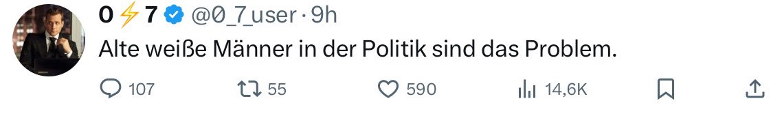 Nancy Faeser, Katrin Göring-Eckardt, Annalena Baerbock, Saskia Esken, Renate Künast, Britta Haßelmann, Heidi Reichinnek, Angela Merkel, Jette Nietzard, Claudia Roth, Marie-Agnes Strack-Zimmermann. 

Nein, ich glaube nicht, dass die alten, weißen Männer das Problem sind. 🤡