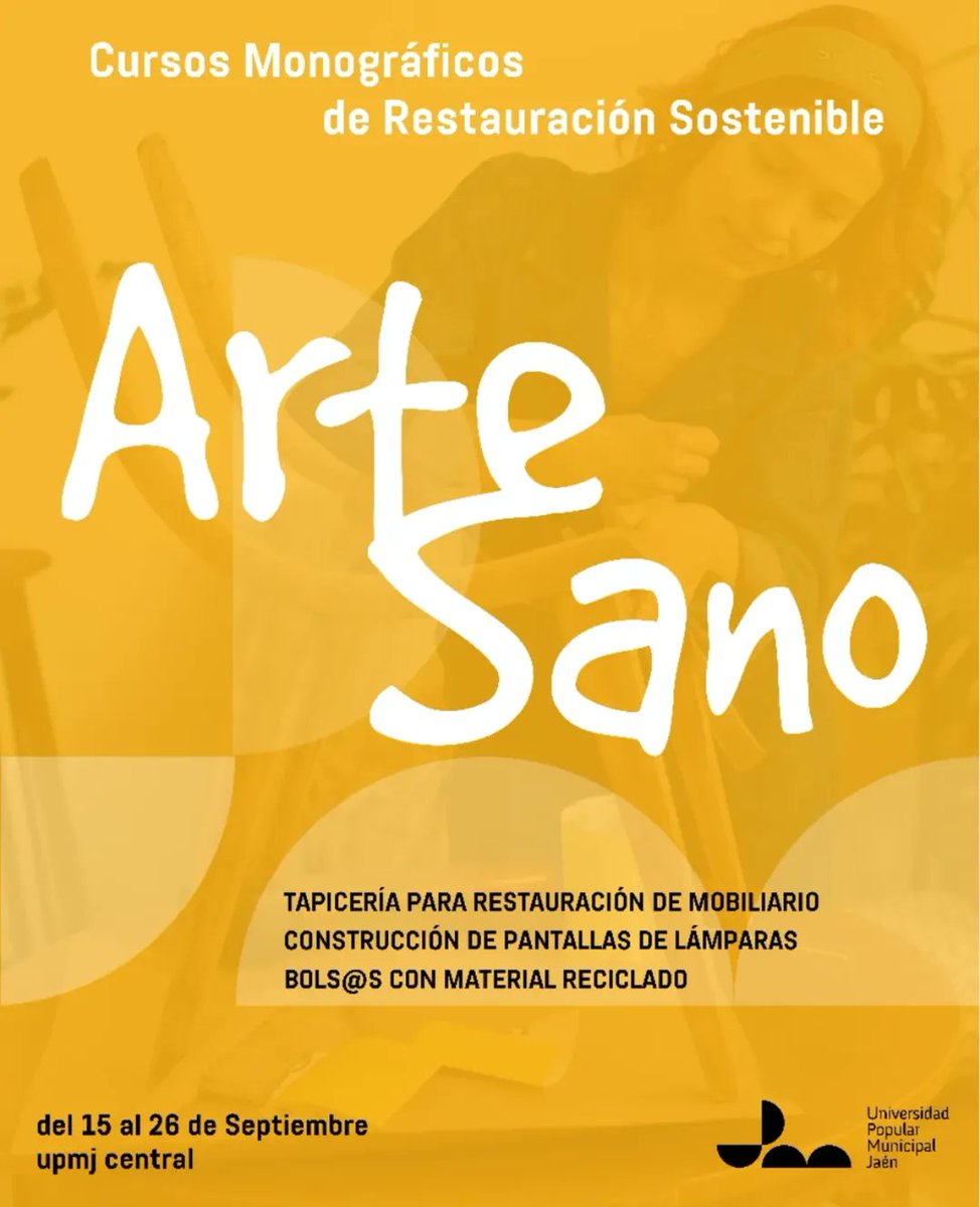 Avanzamos 2 nuevos ciclos monográficos en septiembre !

DOLCE VITA, Bienestar y salud para personas mayores y ARTE-SANO, Diseño y restauración sostenible de mobiliario y complementos, cursos para mayores de 65 años y otros a partir de 16 años.

Pronto más info !

<a href="/AytoJaen/">Ayuntamiento de Jaén</a> #UPMJ