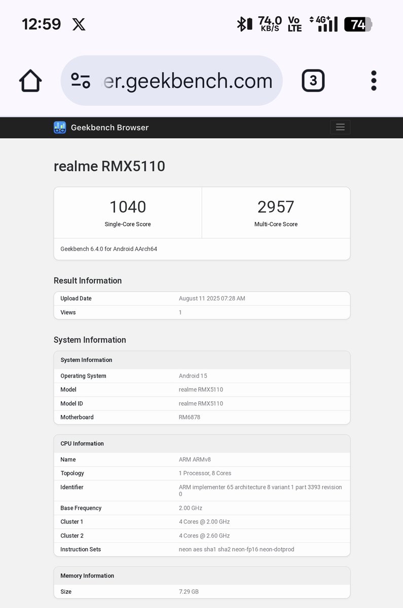 yabhishekhd's tweet image. Realme P4 spotted on Geekbench with MediaTek&apos;s Dimensity 7400.

Specifications
🔳 Dimensity 7400 Chipset/SoC
🎮 Mali-G615 MC2 GPU
🍭 Android 15
- 8GB RAM