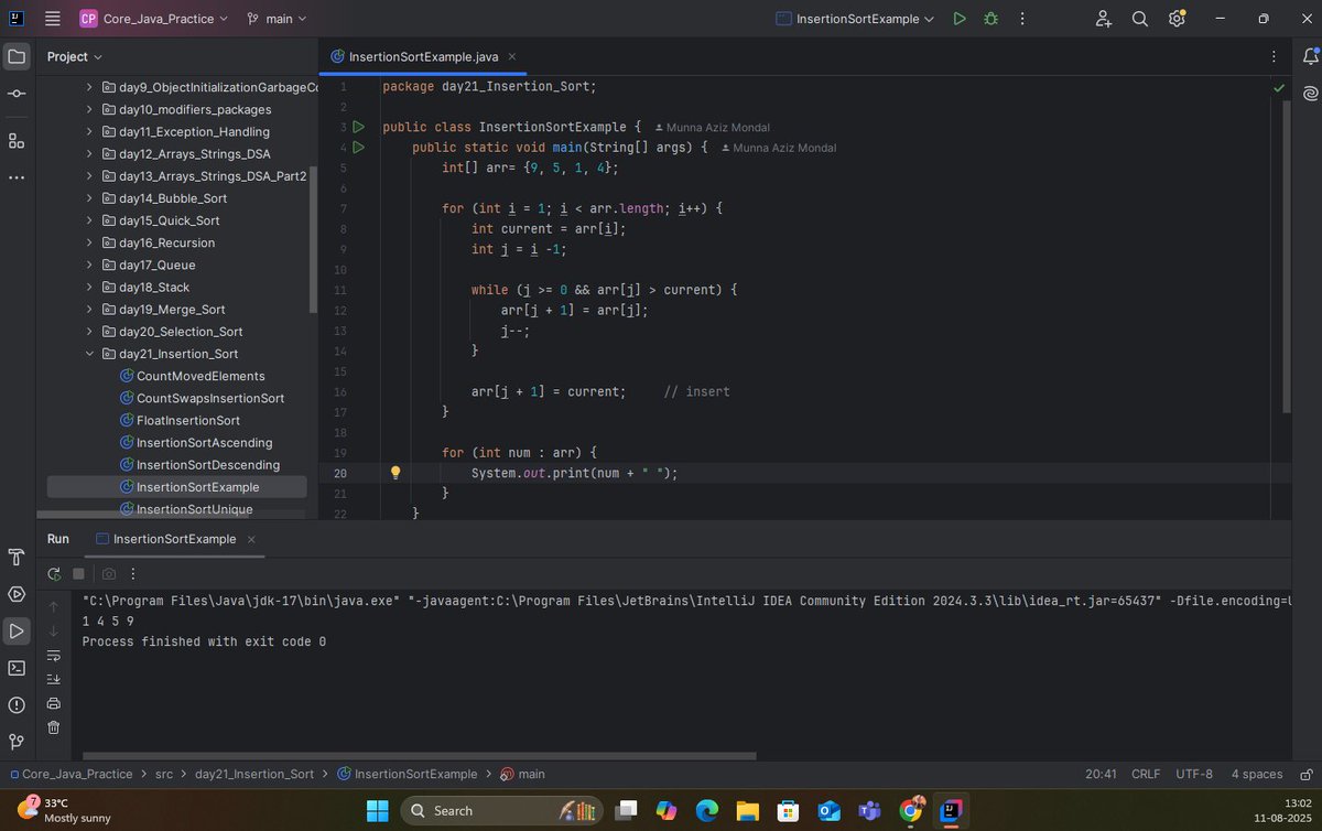 the_departed__'s tweet photo. ๐ฆ Twitter Post โ Java #Day 26
๐ Java Learning โ Day 26
๐ธ Topic: Insertion Sort
โ
Insert each element into its sorted position
โ
Time: O(nยฒ), Space: O(1)
๐ก Stable, in-place & great for nearly sorted data
#Java #DSA #InsertionSort #100DaysOfCode #Sorting #CodingJourney https://t.co/9Ew7VZUz8h