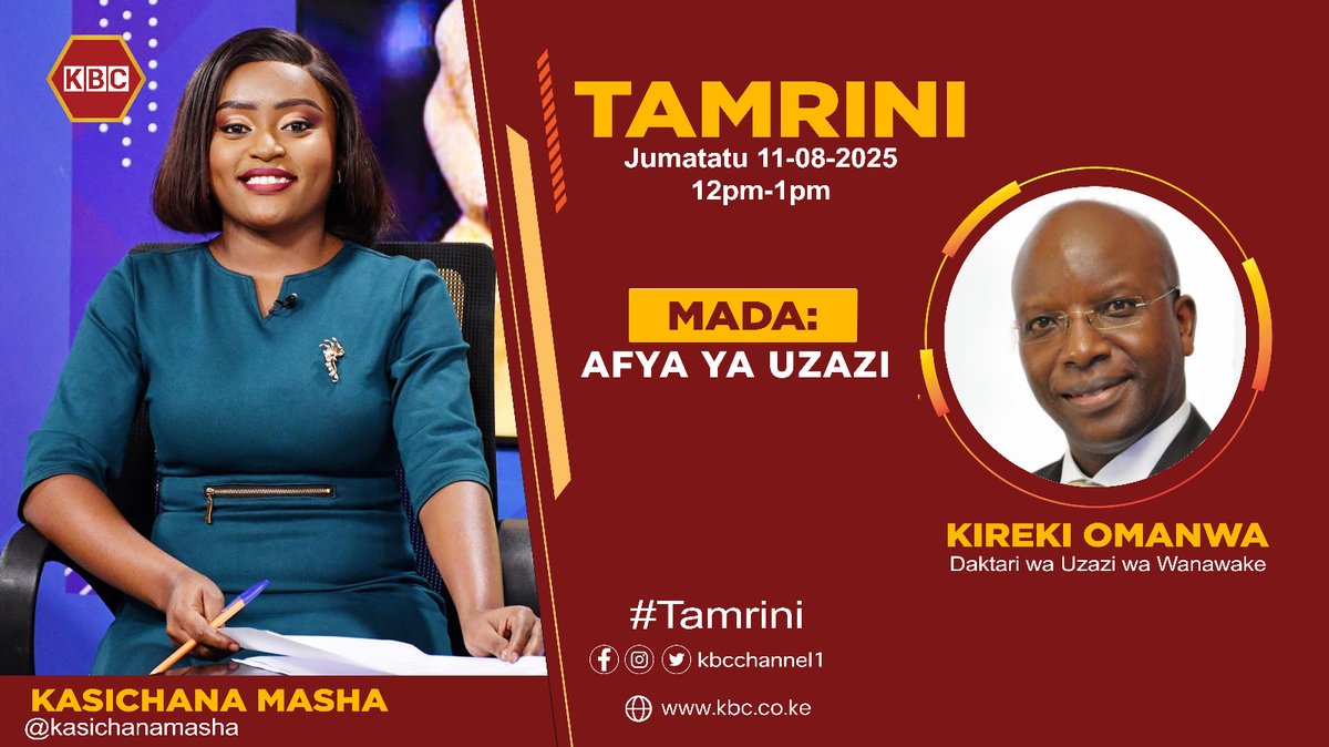 Leo, Jumatatu tarehe 11 Agosti 2025, usikose kuungana nasi KBC kuanzia saa sita mchana hadi saa saba mchana kwenye kipindi cha #TAMRINI.

Rais wa KOGS, Dkt. Kireki Omanwa, akizungumzia mada muhimu: Afya ya Uzazi 🩺

Hii ni nafasi ya kipekee ya kupata elimu ya afya kutoka kwa