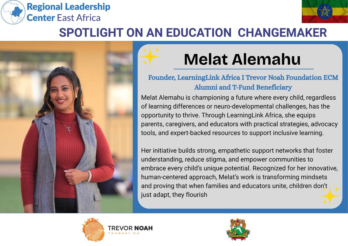 Featuring Melat Alemahu, a Trevor Noah Education Change Makers alumna from Ethiopia and Founder of LearningLink Africa, tackling stigma around neurodevelopmental disorders.
We celebrate her impact and support for inclusive education.
@TrevorNoahFDN <a href="/YALINetwork/">YALI Network</a>  <a href="/KenyattaUni/">Kenyatta University #ExperienceKU</a>