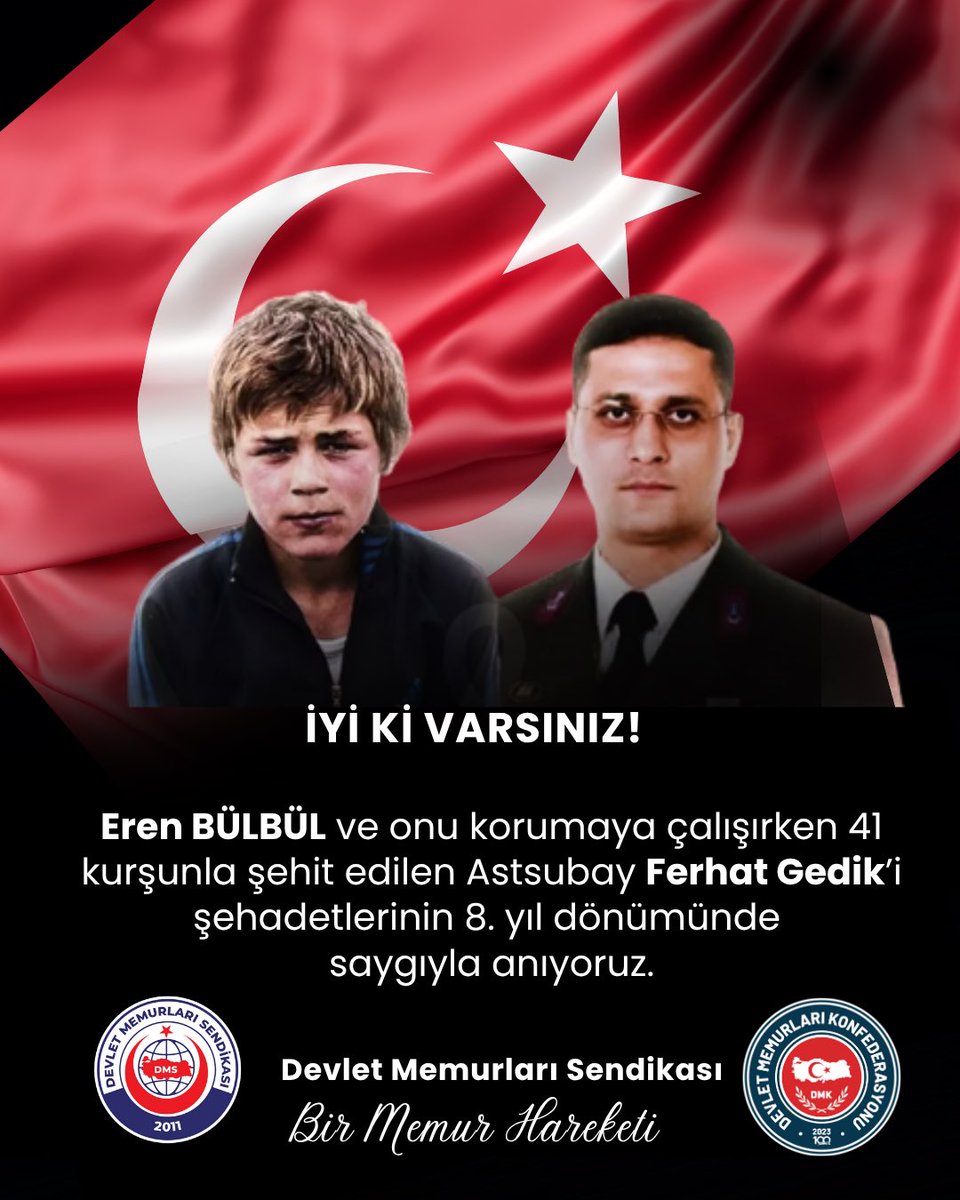Eren BÜLBÜL ve onu korumaya çalışırken 41 kurşunla şehit edilen Astsubay Ferhat Gedik’i şehadetlerinin 8. yıl dönümünde saygıyla anıyoruz.