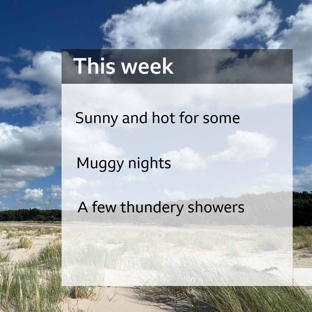 carolkirkwood's tweet photo. A summary of this week's forecast.

Some parts of the south could reach 34C on Tuesday and Wednesday... but we are also looking at muggy nights 😰@BBCBreakfast xxx https://t.co/qBw1uxwekw