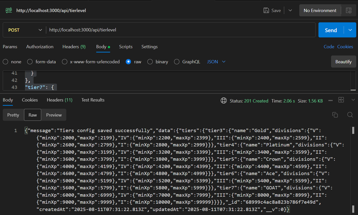 ReyedgeM's tweet image. Just built a tier system for my fitness app 🎯
Mongoose model tracks tiers Bronze → GOAT with divisions V → I and XP ranges.
XP updates on task completion ⚡
Hit 10,000 XP? You’re GOAT 🐐
@RevenueCat may unlock premium perks 🔥
#IndieDev #FitnessApp