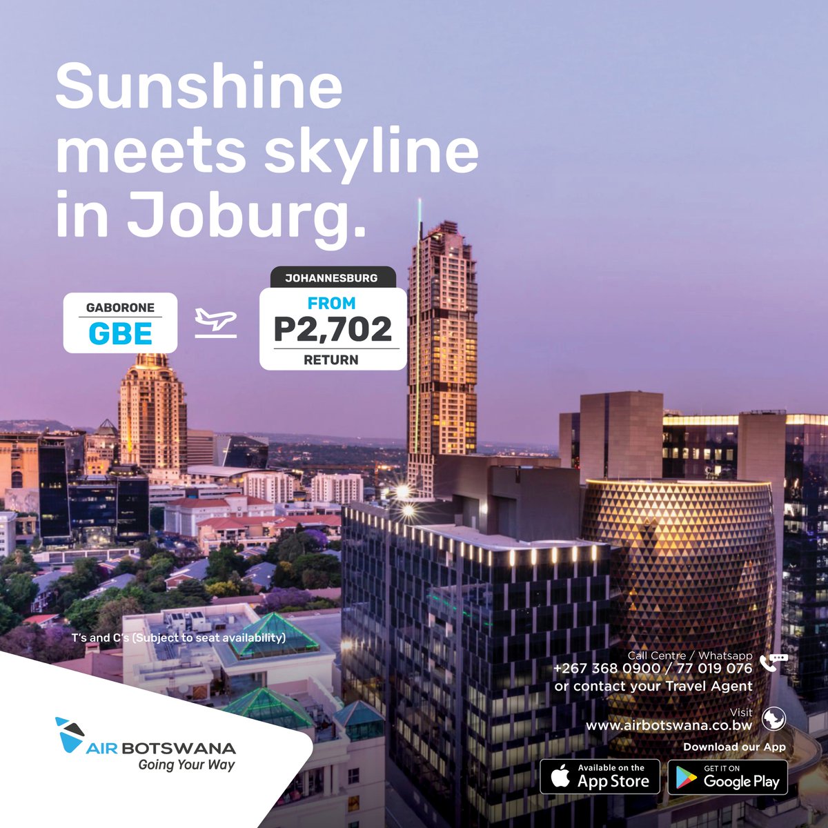 From sunrise views to sunset city strolls, Johannesburg delivers every time. Fly with us and discover your Jozi rhythm. #AirBotswana #GoingYorWay