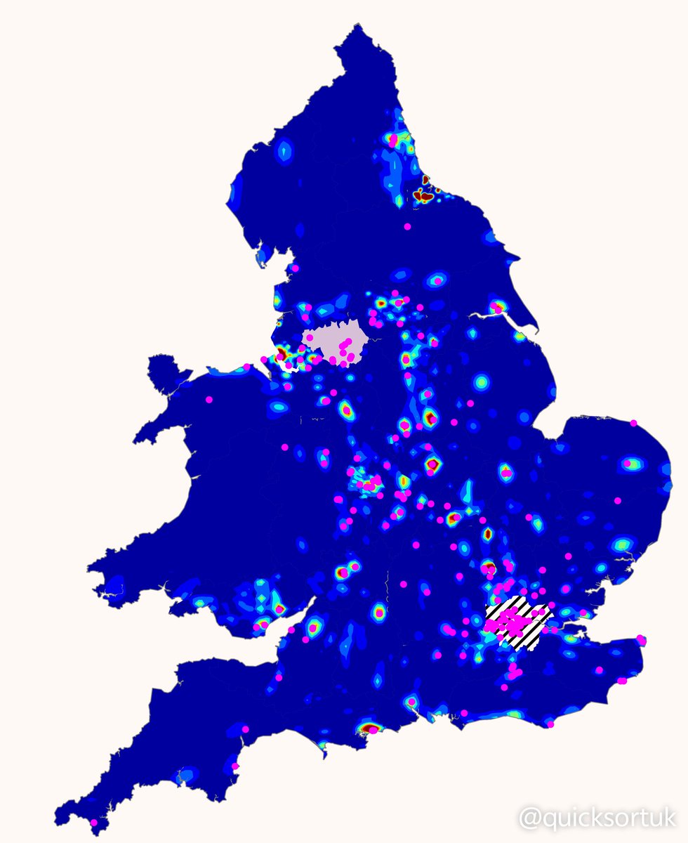 vpopulimedia's tweet image. 🇬🇧🗺️ Migrant hotels (pink) over violent and sex crimes heat map.

214M records in police databases between June '22 and May '25.

Complied by @quicksortuk