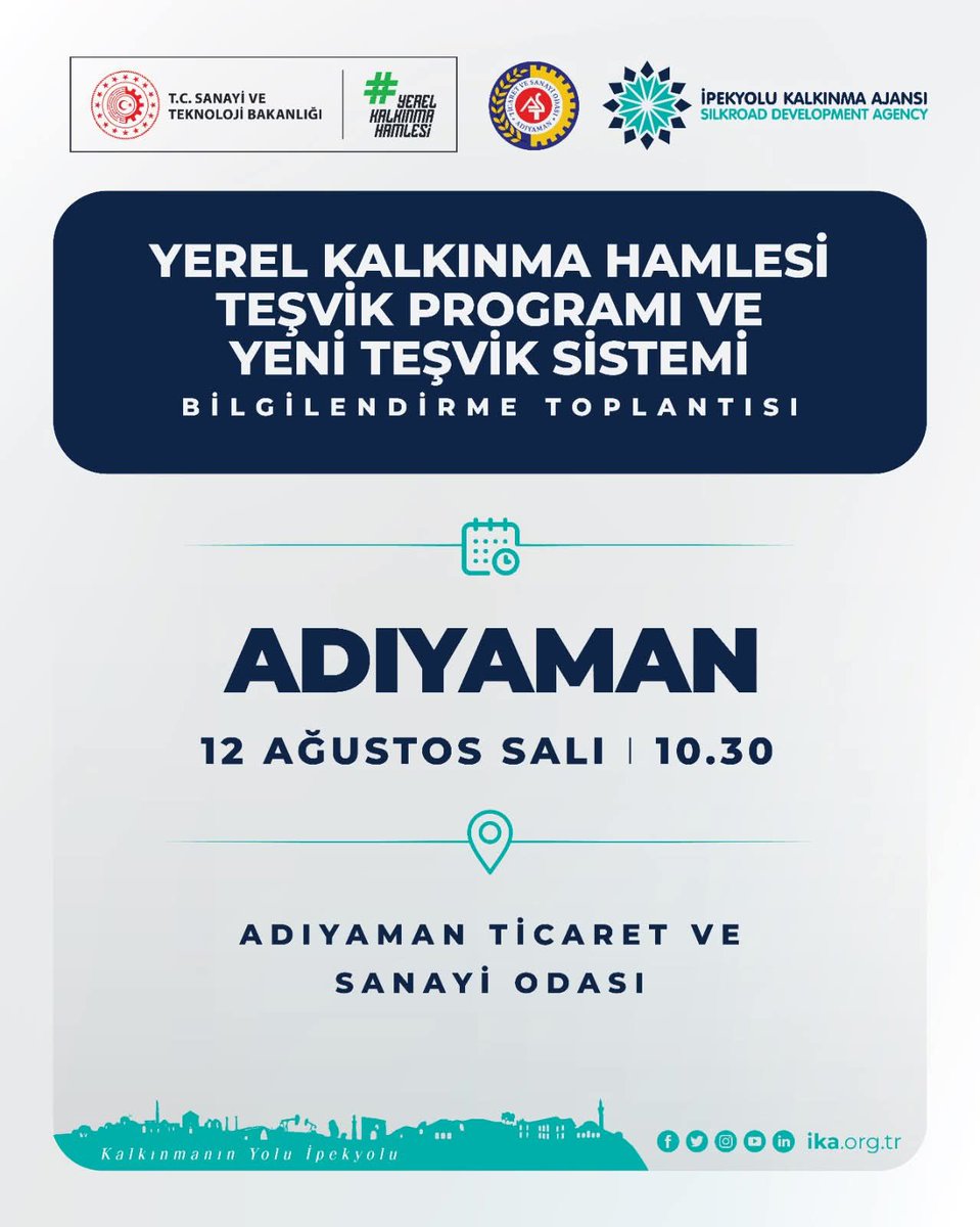 Adıyaman Ticaret ve Sanayi Odası (@adiyamantso) on Twitter photo ✨Odamız ve İpekyolu Kalkınma Ajansı iş birliğinde gerçekleştireceğimiz "Yerel Kalkınma Hamlesi Teşvik Programı ve Yeni Teşvik Sistemi Bilgilendirme Toplantısı"na davetlisiniz
🗓️12 Ağustos 2025 Salı
🕙10:30
📍ATSO
Bilgi için l24.im/E431l2d
<a href="/MehmetTorunoglu/">Mehmet Torunoğlu</a> <a href="/ikaorgtr/">İpekyolu Kalkınma Ajansı</a> ✨Odamız ve İpekyolu Kalkınma Ajansı iş birliğinde gerçekleştireceğimiz "Yerel Kalkınma Hamlesi Teşvik Programı ve Yeni Teşvik Sistemi Bilgilendirme Toplantısı"na davetlisiniz
🗓️12 Ağustos 2025 Salı
🕙10:30
📍ATSO
Bilgi için l24.im/E431l2d
<a href="/MehmetTorunoglu/">Mehmet Torunoğlu</a> <a href="/ikaorgtr/">İpekyolu Kalkınma Ajansı</a>