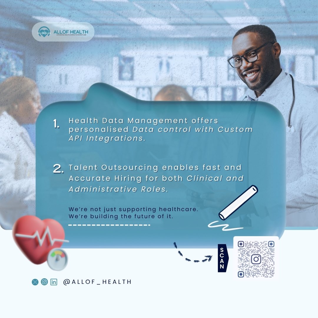 allof_health's tweet photo. At AllOf health, we are redefining Healthcare Services.

We’re not just supporting healthcare.
We’re building the future of it.

📩 DM us for more details.

#AllofHealth #HealthTech #DigitalHealth #HealthData https://t.co/DoXgpNuw0r