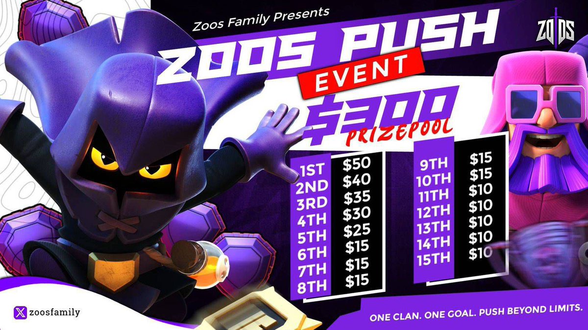 🚀 Zoos August Push Event 🚀

💰 $300 MASSIVE Prize Pool 💰
Our inaugural season is here &amp; clans are filling FAST! 🏆

Push with the best clan family &amp; make your mark on the leaderboard 📈

🔥 Join the Discord &amp; apply now don’t miss out!
🔗 discord.gg/zoosfamily

#ClashOfClans