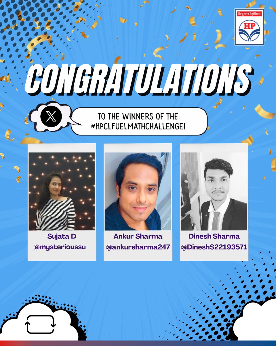 HPCL's tweet image. We have our fuel-smart winners! šā½
The #HPCLFuelMathChallenge revved up our feeds with sharp minds solving the equationāand itās time to celebrate those who cracked the code!
A big shoutout to all participants for bringing the brainpower.
And congratulations to ourā¦