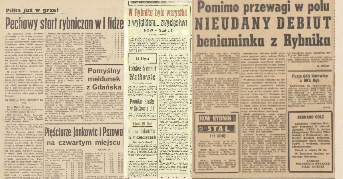 57 lat temu w najwyższej klasie rozgrywkowej w kraju zadebiutował piłkarski ROW Rybnik. W Rybniku górą ostatecznie Stal Rzeszów. Spotkanie zgromadziło 20 000 widzów! 

ROW Rybnik 🆚 Stal Rzeszów 0:1 (0:0)
0:1 Haber 70'

📎 Dołączamy wycinki prasowe z tego meczu:
od lewej: Nowiny,