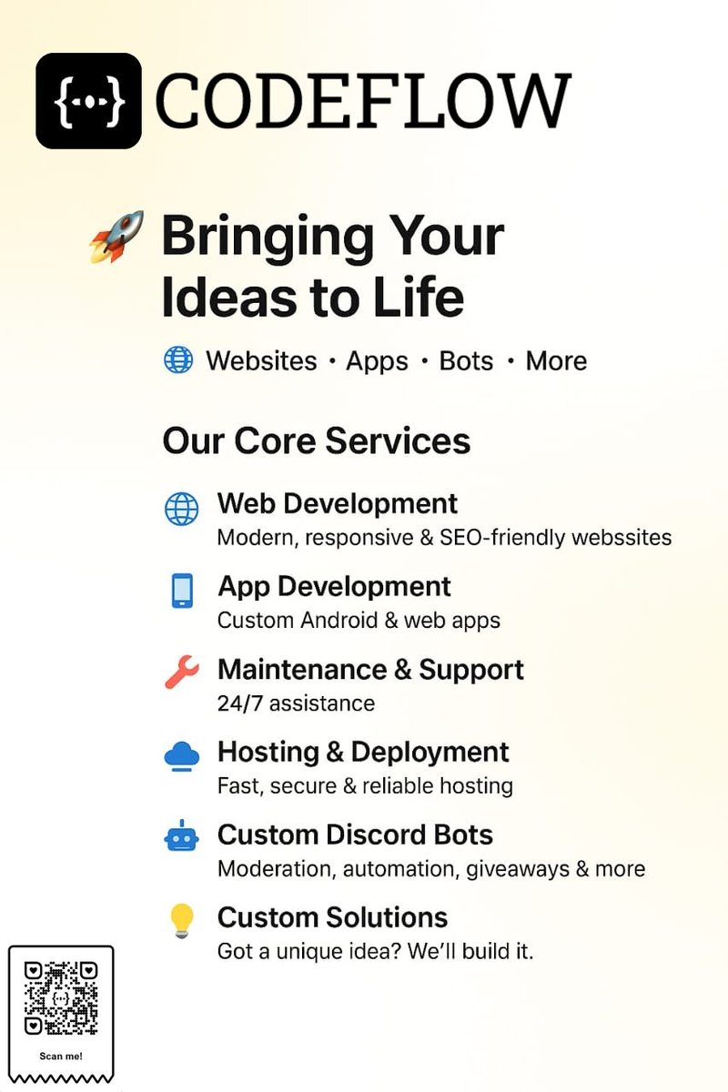 Team_CodeFlow's tweet image. 🚀 Bringing Ideas to Life — Beautifully & Powerfully
🌐 Web Dev | 📱 App Dev | 🧰 24/7 Support | ☁️ Hosting | 🤖 Discord Bots | 🛠 Custom Builds
✨ Let’s create something amazing!
🌐 codeflow.shop | 📧 admin@codeflow.shop
#WebDev #AppDev #DigitalSolutions