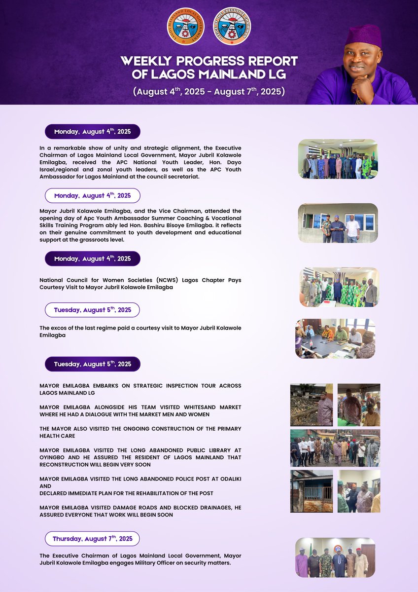 📢 Lagos Mainland Weekly Update (Aug 4–7, 2025)

This week we stayed on the ground — inspections across markets &amp; infrastructure, stakeholder meetings to boost security and sanitation, and actions to fast-track repairs and services. Progress is steady. Together, we deliver.