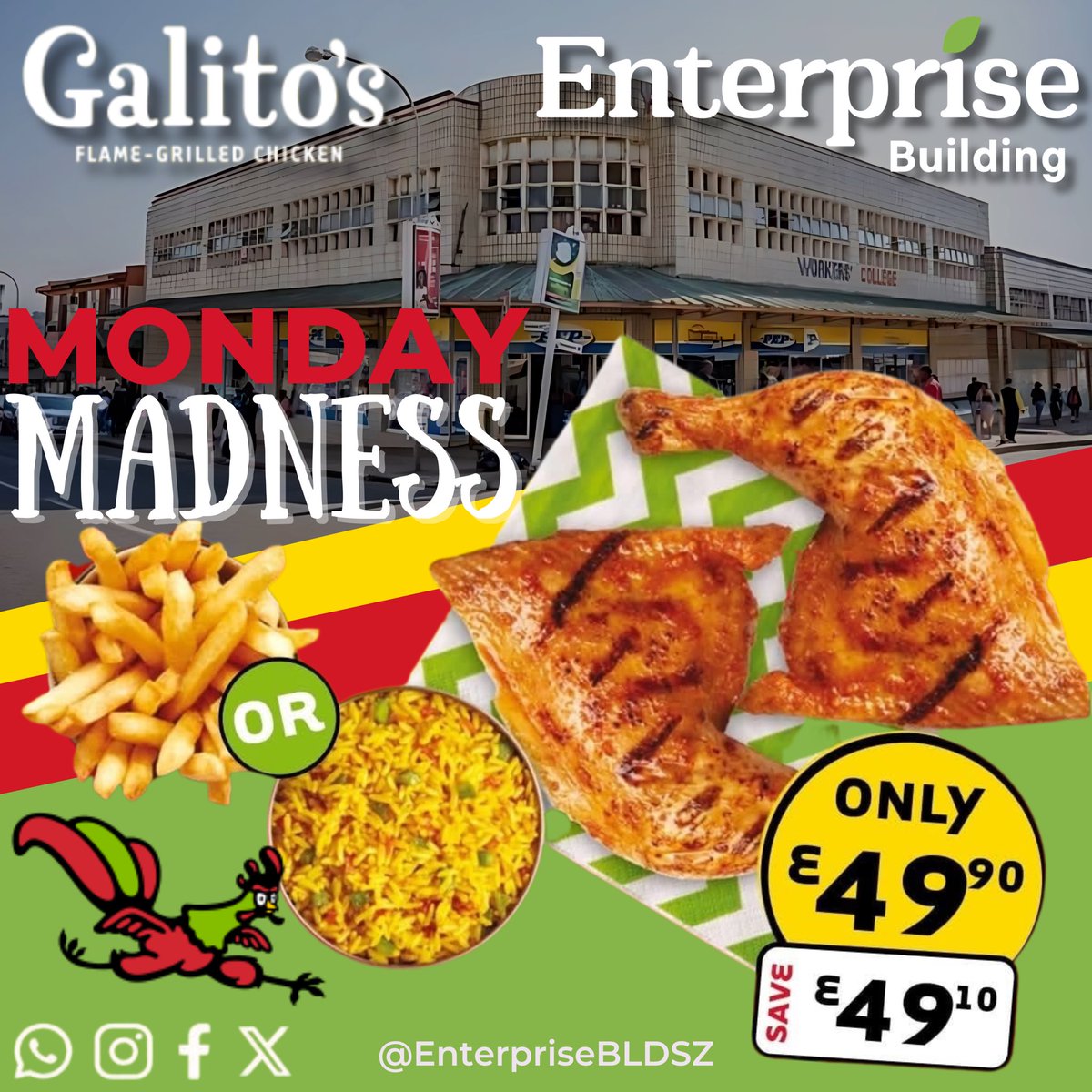 EnterpriseBldSZ's tweet photo. 🔥Monday Madness at Galito’s!🔥

Get 2 flame grilled quarter chicken pieces with your choice of chips or rice for only E49.90. That’s a sizzling saving of E49.10! 🍗💥

#Eswatini #Manzini #Galitos #MondayMadness #FoodSpecials #Explorepage https://t.co/L5MqzhLDap