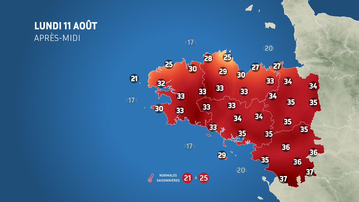🔥 Après-midi très chaude sur la Bretagne, sauf près de la Manche ! 🌡️
Ce lundi 11 août, les températures atteignent souvent 33 à 35°C, avec 37°C au sud de la Loire, contre 24 à 28°C le long de la Manche. 🥵

#Bretagne #Meteo #Chaleur #Canicule #meteobzh