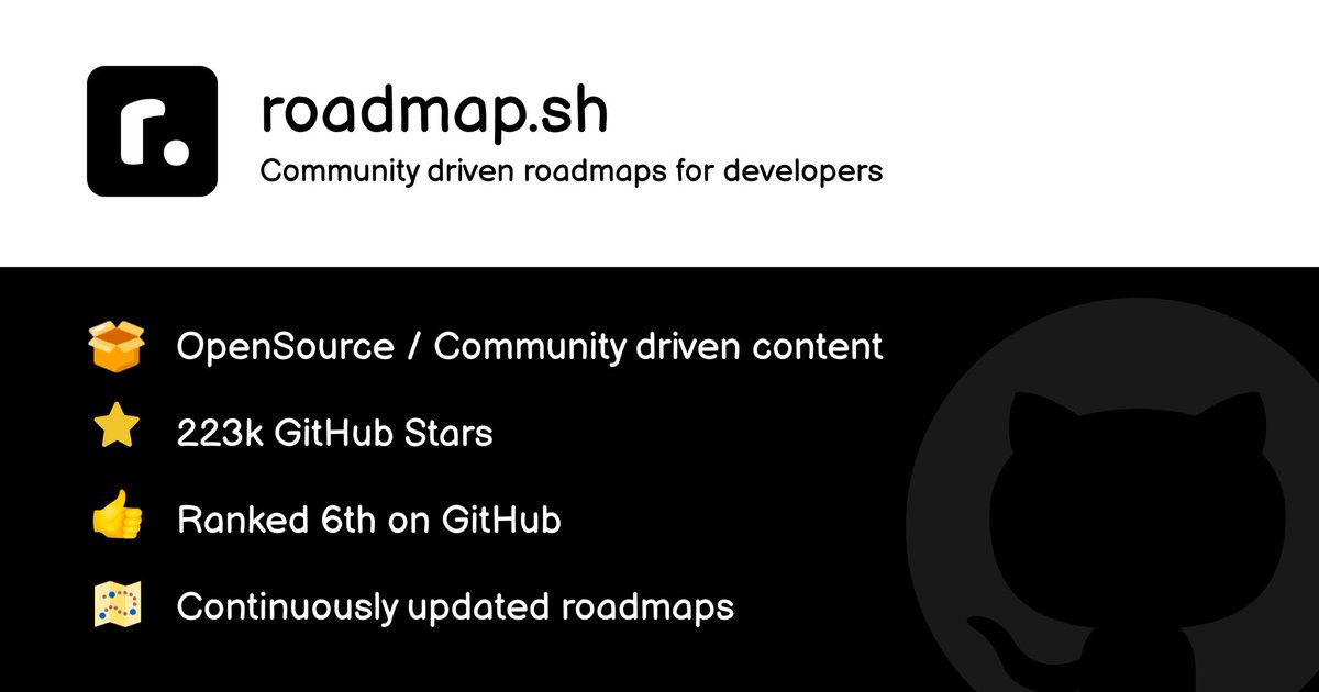 Ressource de la semaine : roadmap.sh
Idéal pour débuter ou structurer ses connaissances. 

-Feuilles de route visuelles (Frontend, Backend, DevOps, IA, etc.)
-Compétences clés + ordre logique pour les apprendre
-Ressources utiles pour progresser

#roadmapsh #tech