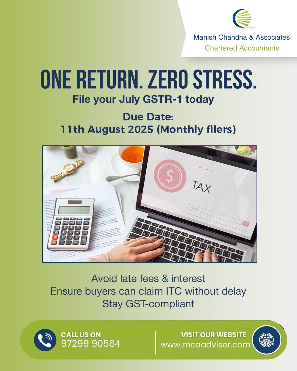 mcaadvisor108's tweet image. 📢 Attention GST Taxpayers!
🗓 GSTR-1 Filing Alert – For the month of July 2025
✅ Report all your outward supplies &amp;amp; sales invoices on time
📅 Due Date: 11th August 2025
⚠️ Avoid late fees &amp;amp; interest — File before the deadline!

💡 Stay compliant, stay stress-free.
#GSTR1