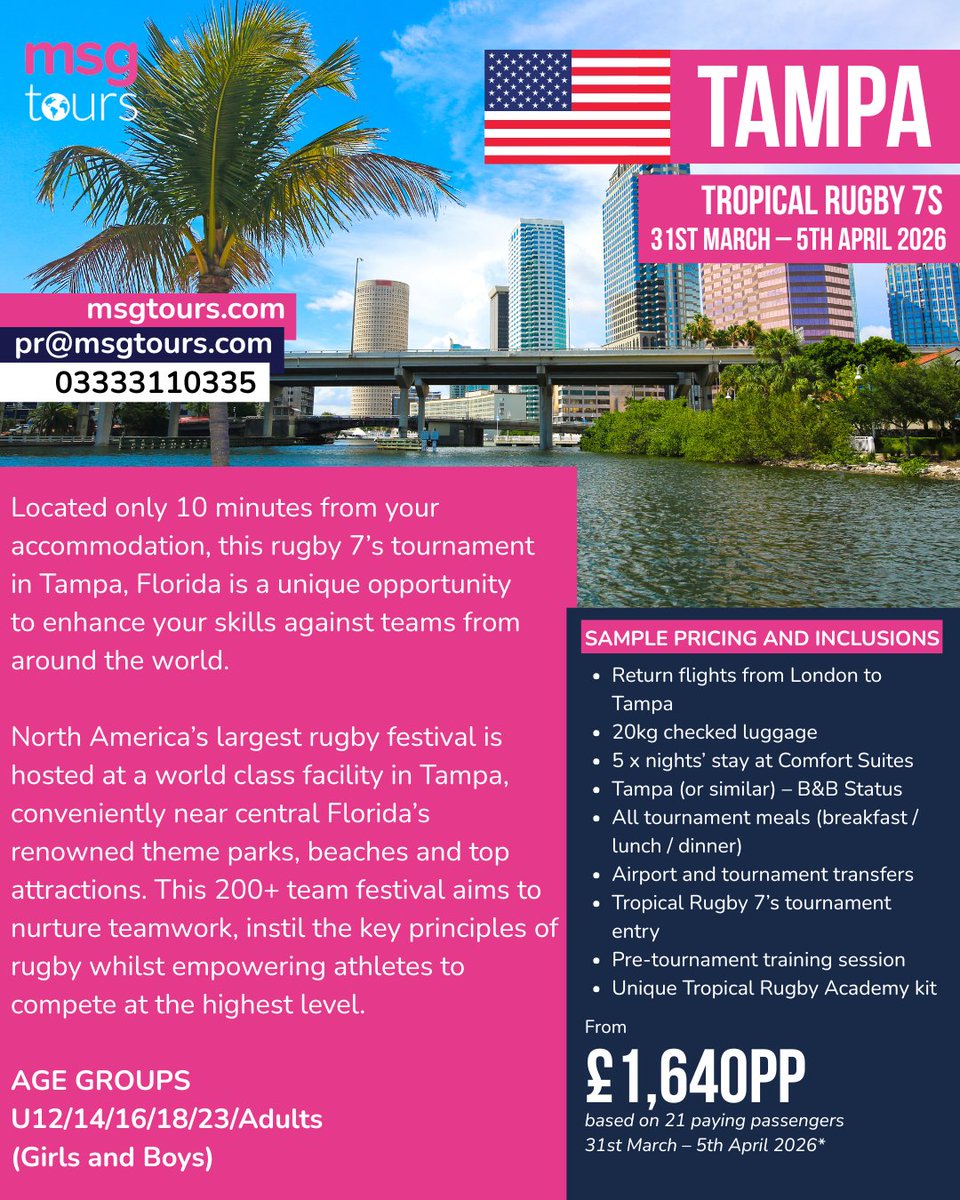 MSG Tours (@msgtours) on Twitter photo Located only 10 minutes from your accommodation, this rugby 7’s tournament in Tampa, Florida is a unique opportunity to enhance your skills against teams from around the world.
Contact us for more information!
Msgtours.com
Pr@msgtours.com Located only 10 minutes from your accommodation, this rugby 7’s tournament in Tampa, Florida is a unique opportunity to enhance your skills against teams from around the world.
Contact us for more information!
Msgtours.com
Pr@msgtours.com