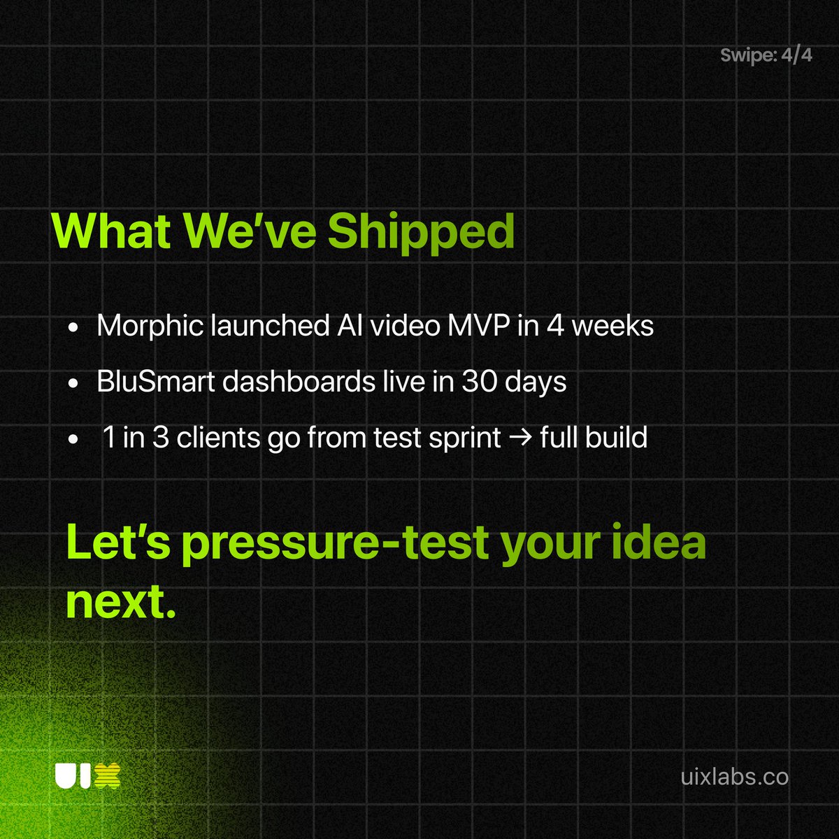 UIXLabs_co's tweet photo. That idea in your Notion doc?
Don’t build it yet
Most MVPs fail because they skip signal + ship too soon
At @UIXLabs_co, we validate before we build, using a 5-step framework focused on user insight, not feature guesswork
Here’s how
#MVP #ProductDesign #StartupTip #UIXLabs https://t.co/5GotJmSXRr