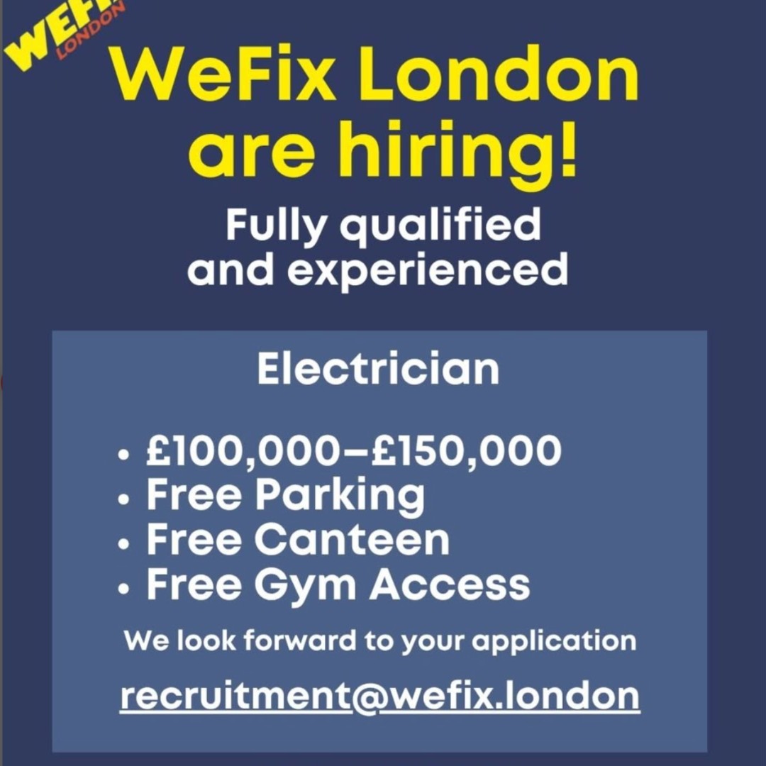 WeFix_London's tweet photo. WeFix London is looking for a fully qualified electrician
We look forward to your application — recruitment@wefix.london https://t.co/iIdqyiGMNs