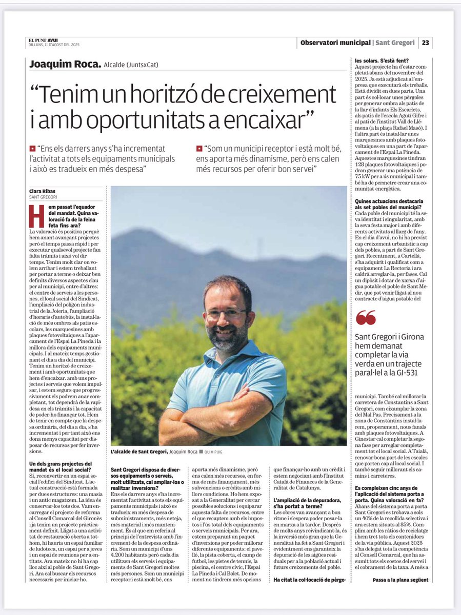 🔊Alcalde de <a href="/AjSantGregori/">Aj. de Sant Gregori</a>, <a href="/jrocaventura/">Quim Roca Ventura</a> a l'entrevista del <a href="/elpuntavui/">El Punt Avui 🎗️</a>: "Tenim un horitzó de creixament i amb oportunitats a encaixar"