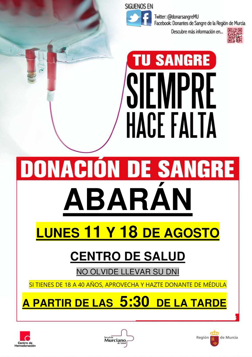 DonarSangreMU's tweet photo. #BuenosDias #FelizLunesATodos !!!
🩸La donación de sangre es un pilar básico en nuestra sanidad, sin tu ayuda difícilmente se podrían realizar cirugías, trasplantes, tratamientos a enfermos.

🚑Le esperamos esta tarde en👇
📍 #Abarán centro de salud
⏰de 17.30 a 21.30h 👇 https://t.co/mxC0GWKA6G
