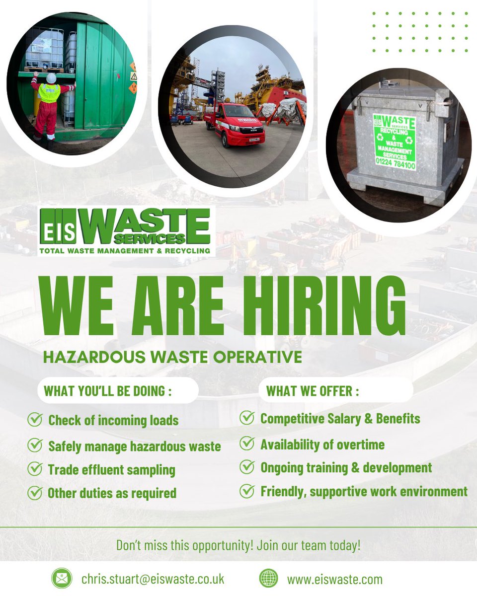 ♻️NEW VACANCY♻️

📢 We’re Hiring! Hazardous Waste Operative - Full Time 

Location : Gallowhill Recycling Centre, Aberdeen, AB12 4LP
Position - Hazardous Waste Operative 
Type - Full Time 

Due to continued growth EIS Waste Services Ltd are looking to recruit a hazardous waste