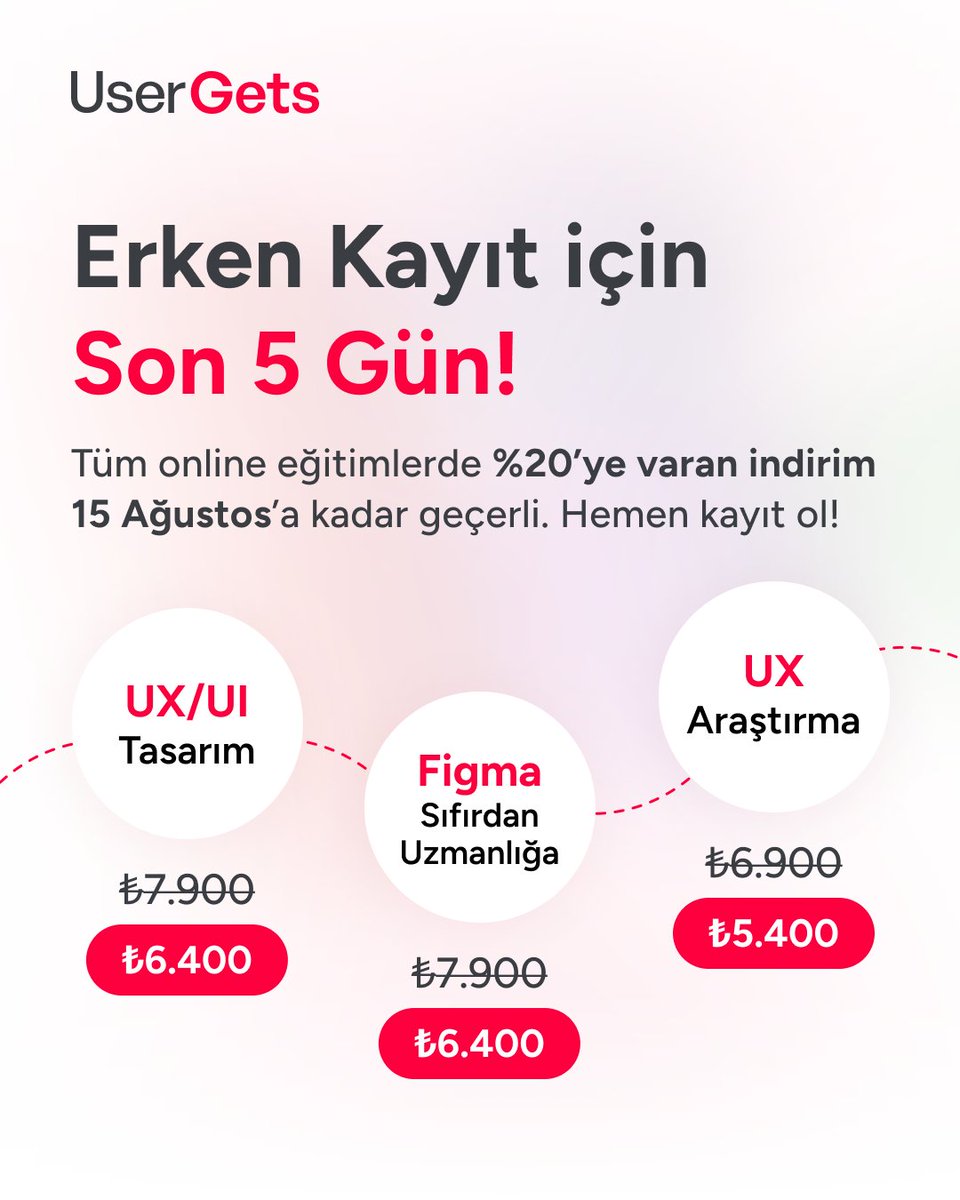 UserGetstr's tweet image. Erken Kayıt İndirimleri için SON 5 Gün!

👉️UX/UI Tasarım Eğitimi (8 Eylül - 9 Ekim)
usergets.com/egitimler/onli…

👉️Sıfırdan Uzmanlığa Figma Eğitimi (1 Eylül - 9 Ekim)
usergets.com/egitimler/uygu…

👉️UX Araştırma Eğitimi (1 Eylül - 29 Eylül)
usergets.com/egitimler/ux-a…

#ux #ui #uxui…