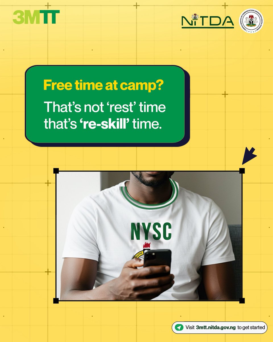 Heads up, Corp Members! 🚨
Something big is coming to your Orientation Camp. 
Free time at camp isn’t just for chilling—it’s your chance to level up.

Stay tuned… and be ready to start your 3MTT journey.

#3MTT #techtalents