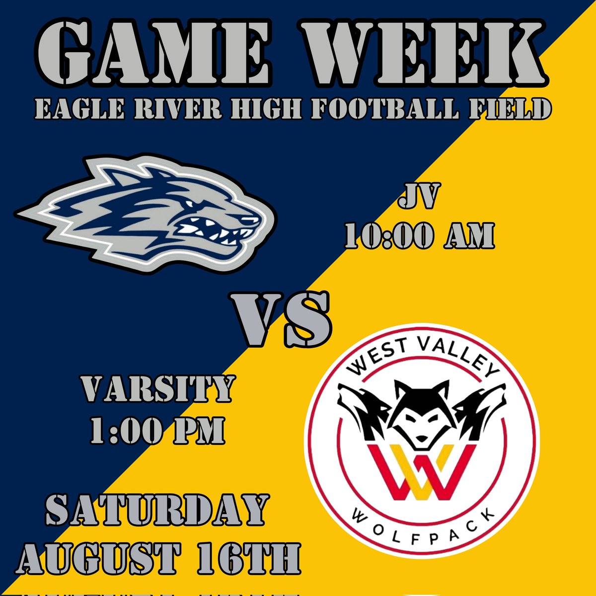🐺 GAME WEEK 🐺
It’s Wolves vs. Wolfpack!
Eagle River Wolves 🆚 West Valley Wolfpack

Two packs, one field — only one walks away with the win.
Let’s bring the energy and show what ER football is all about! 💪💙🏈

#WolvesVsWolfpack #ERHSFootball #GoWolves