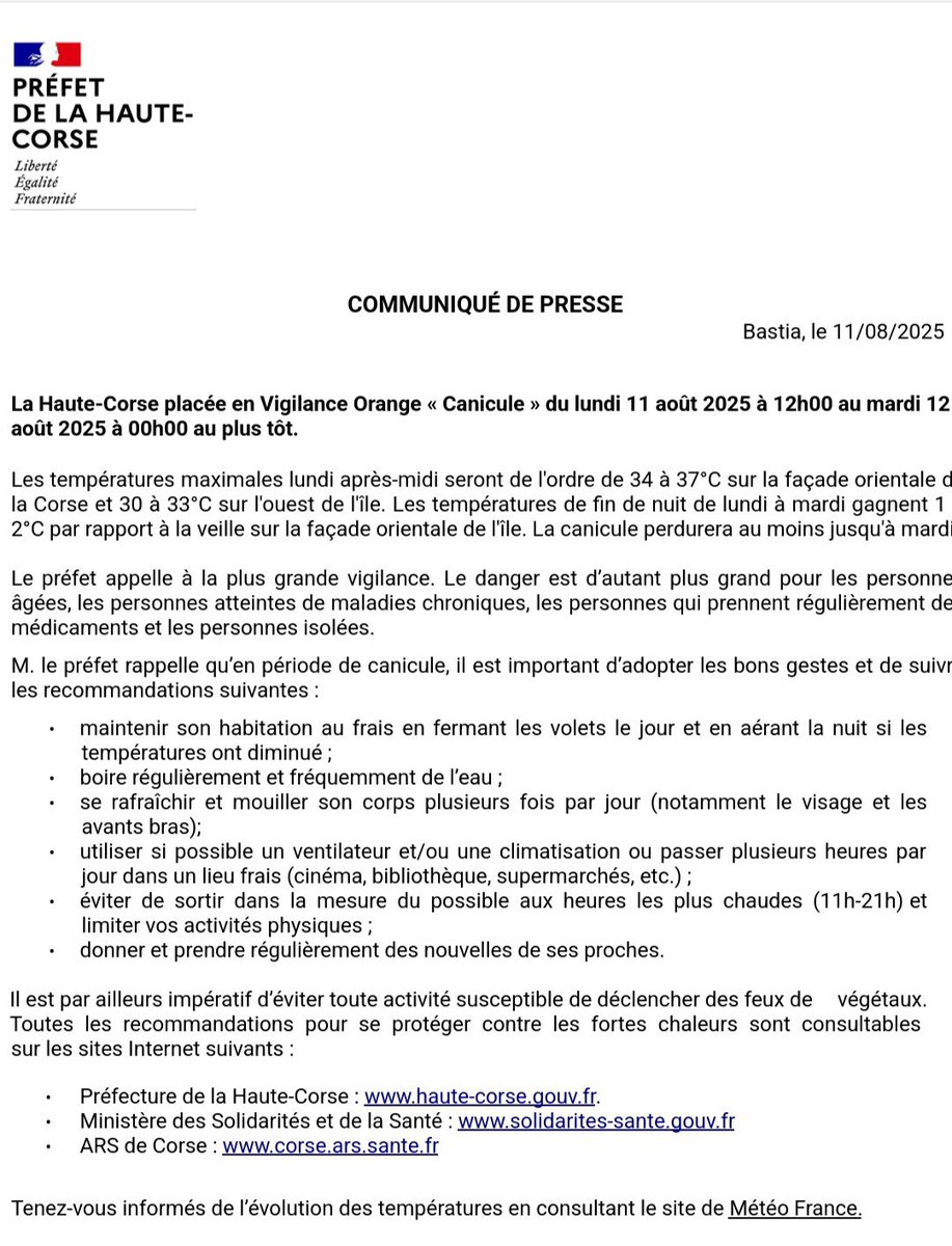 Prefet2B's tweet image. #Meteo2b #VigilanceOrange 🟠☀️  
La Haute-Corse est placée en vigilance orange #Canicule ce lundi 11 août 2025  à  compter de 12h00 jusqu’à 00h00 au plus tôt.

✒️🗞 Monsieur le Préfecture de la Haute-Corse , Michel PROSIC communique ⤵️