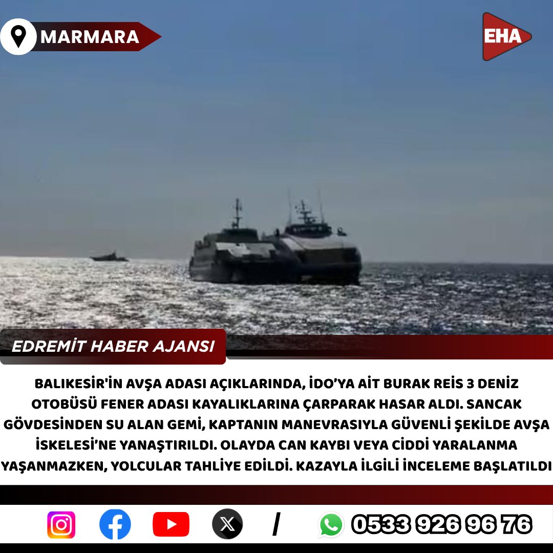 EdrHaberAjansi's tweet image. 👉 Balıkesir'in Avşa Adası açıklarında, İDO’ya ait Burak Reis 3 deniz otobüsü Fener Adası kayalıklarına çarparak hasar aldı. Sancak gövdesinden su alan gemi, kaptanın manevrasıyla güvenli şekilde Avşa İskelesi’ne yanaştırıldı

#balıkesir #marmara #avşa #ada #adalar