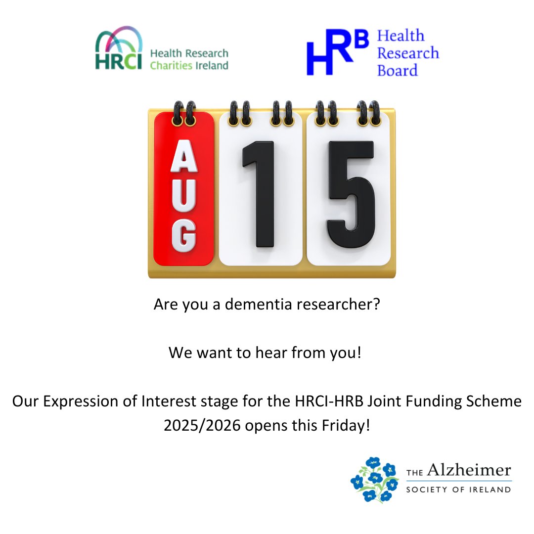 alzheimersocirl's tweet photo. Are you a dementia researcher?
Join us in improving the lives of people affected by dementia in Ireland today! More info will be live on our website this Friday from 10am. Deadline for submission is 12th September!  @hrcireland @hrbireland. https://t.co/Ad7ReEsJpc https://t.co/3NyzqqnU44