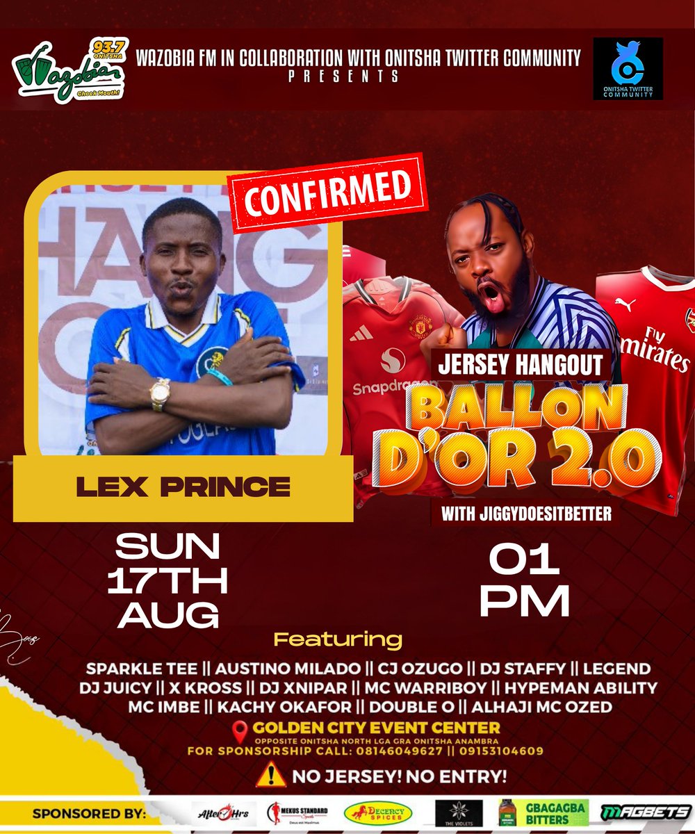 Alex, Nwoke Nnewi (@iamlexprince) on Twitter photo We have lots of free gifts to be won. <a href="/MagbetsN/">Magbets.ng</a> is giving out up to 200k on that day. #OnitshaTwitterCommunity will be coming with some trivia questions for the fans, #WazobiaFMOnitsha is setting the stage with amazing artists. If you miss this, you miss out 🔥🔥
#JerseyHangout We have lots of free gifts to be won. <a href="/MagbetsN/">Magbets.ng</a> is giving out up to 200k on that day. #OnitshaTwitterCommunity will be coming with some trivia questions for the fans, #WazobiaFMOnitsha is setting the stage with amazing artists. If you miss this, you miss out 🔥🔥
#JerseyHangout
